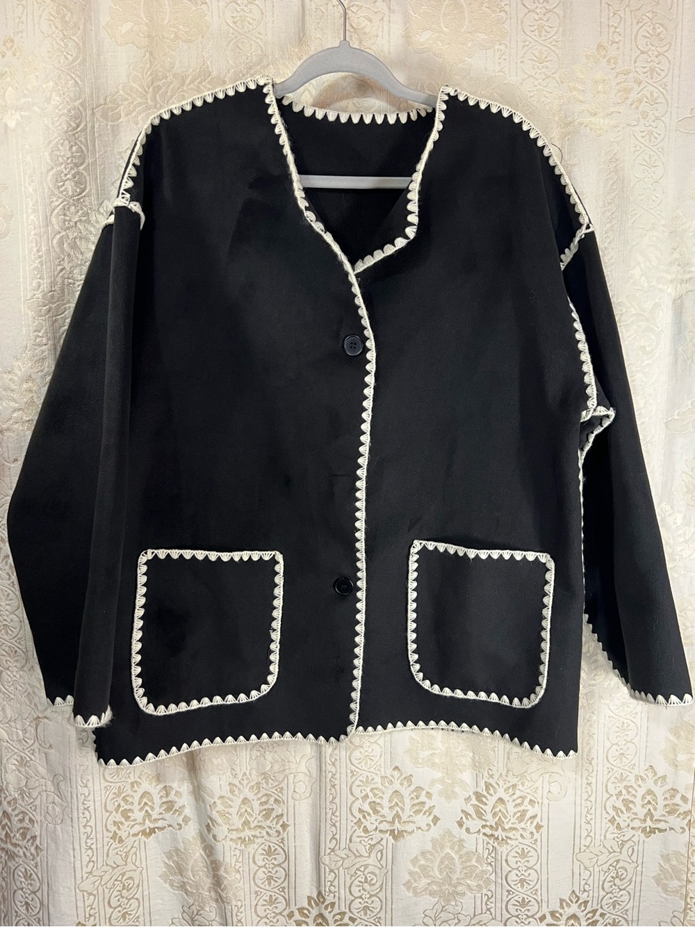 Commense Black Coatigan with White Crochet Trim